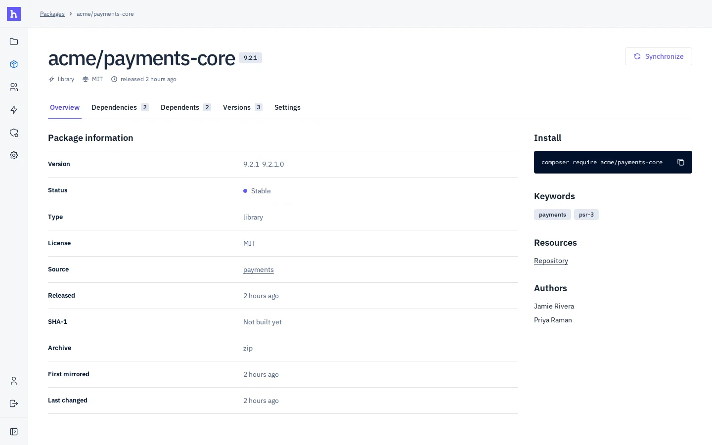 The details page of the acme/payments-core package